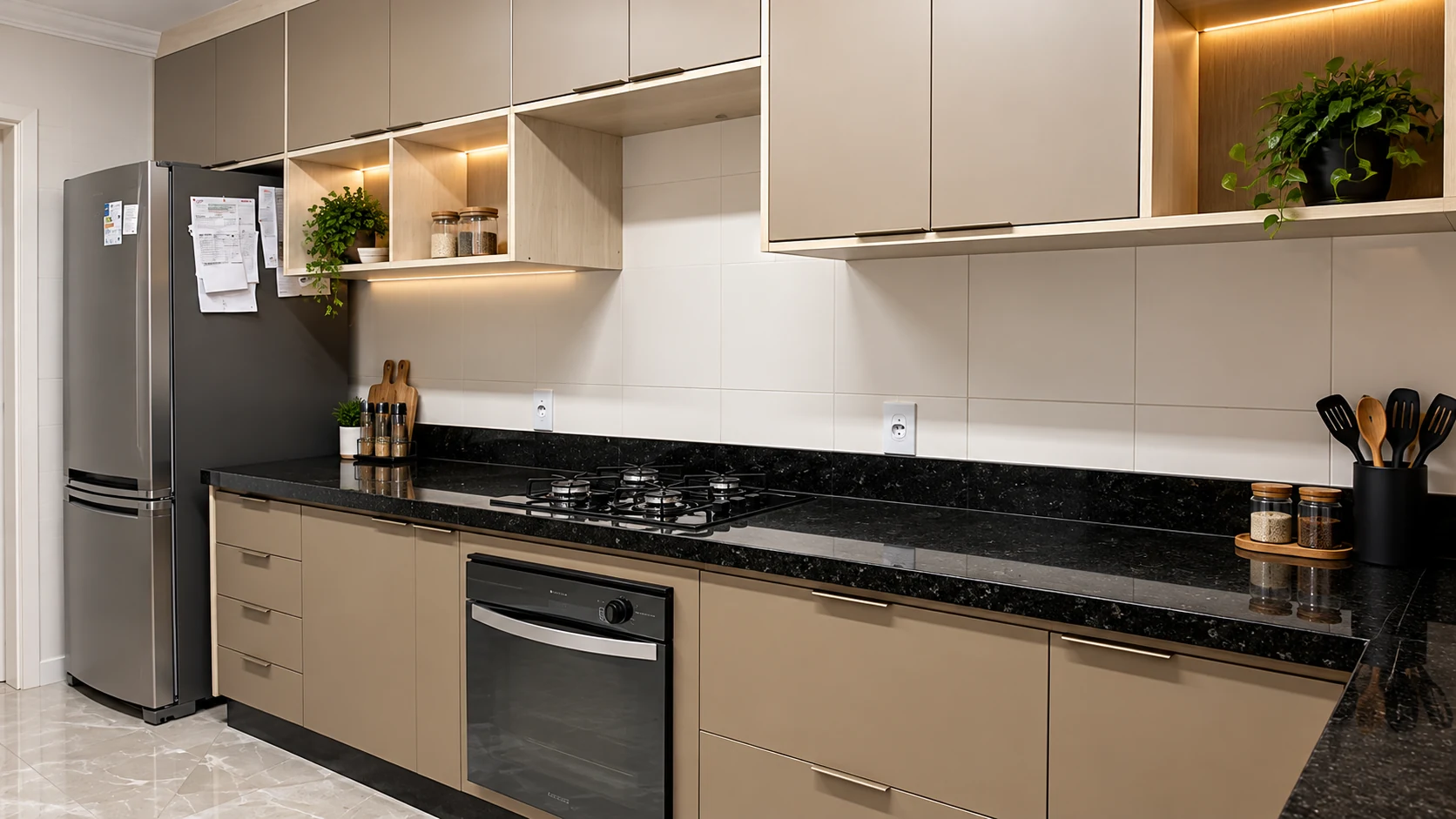 Cozinha linear planejada em tons neutros com bancada preta
