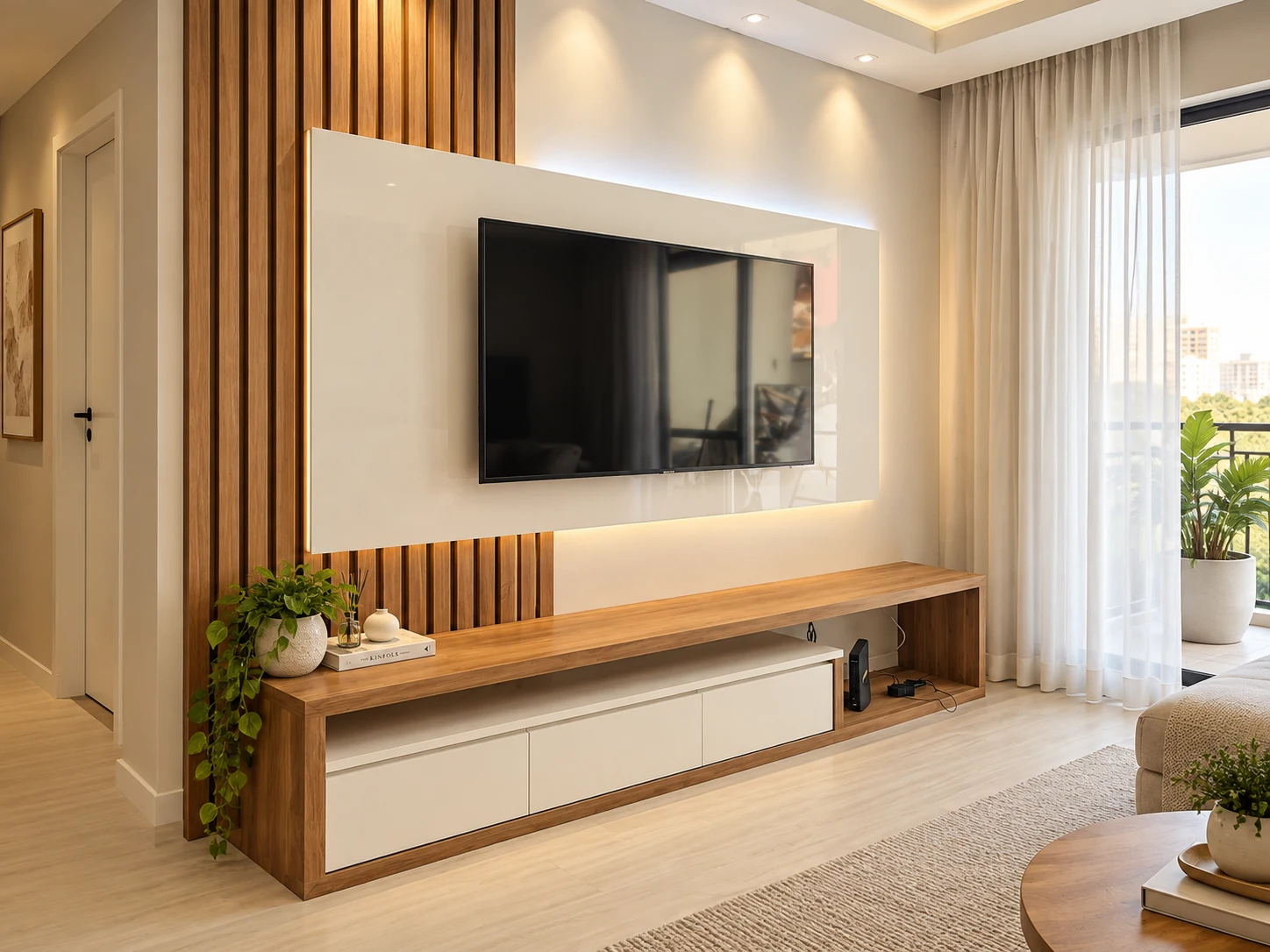 Painel de TV planejado com madeira e iluminação indireta
